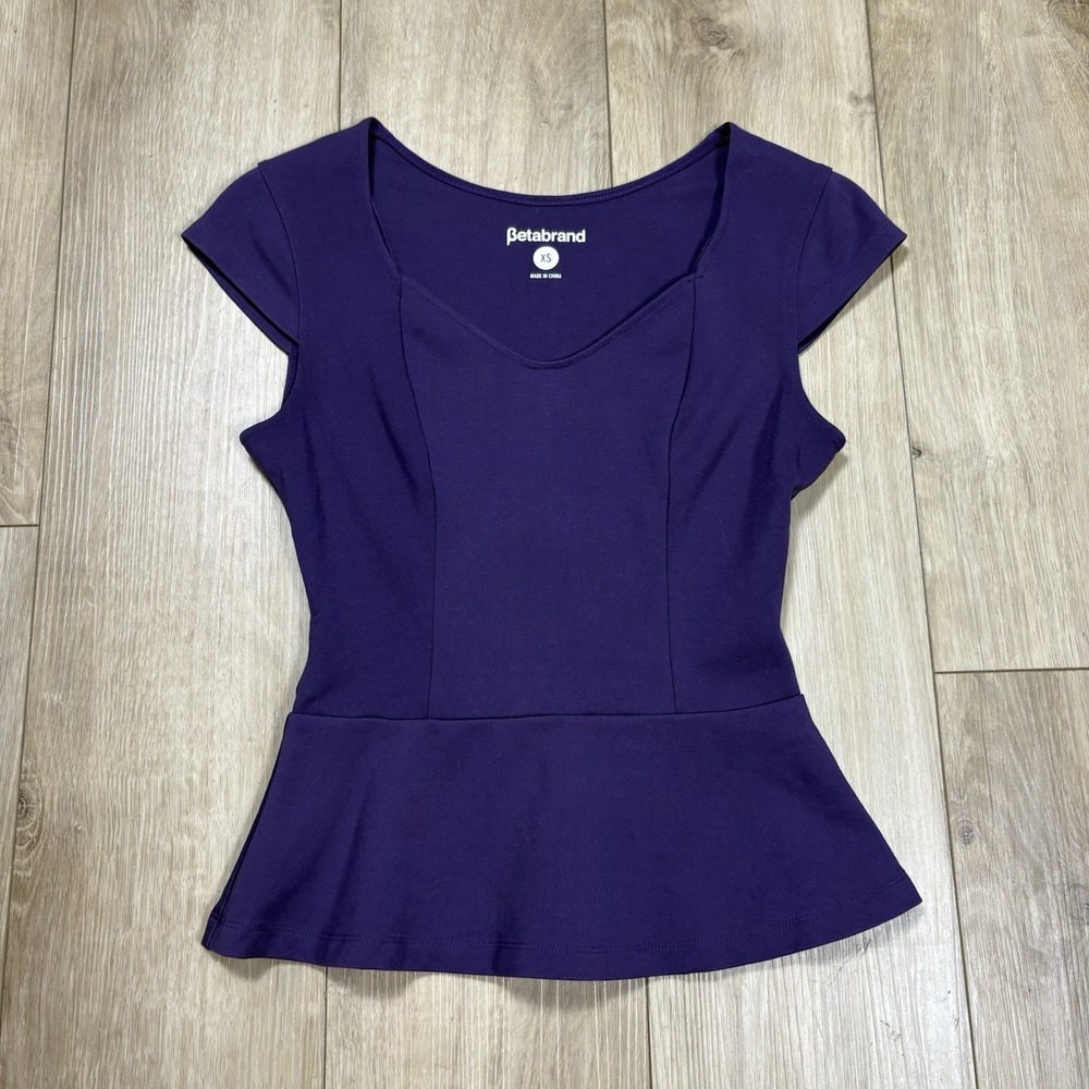 Betabrand Women's Work-it Peplum Top in Purple Stretch Ponte Knit Blouse Sz XS